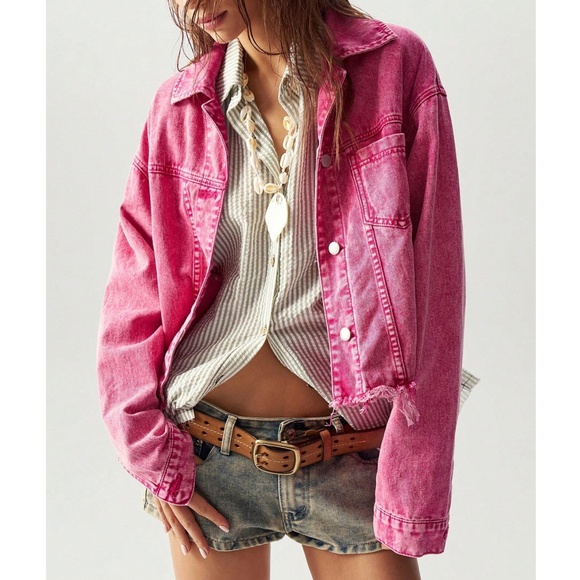 Hot Pink Mineral wash Frayed Hem Button Jean Denim Jacket - Picture 1 of 6